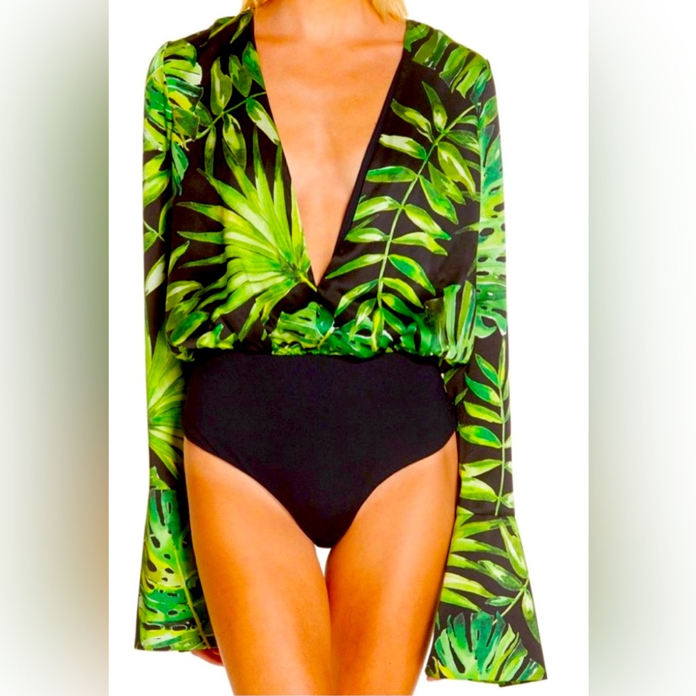 Caroline Constas Green Leaf Print Bodysuit 100% Silk